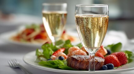 Luxurious modern restaurant table with gourmet dishes and sparkling wine set for an elegant dining experience