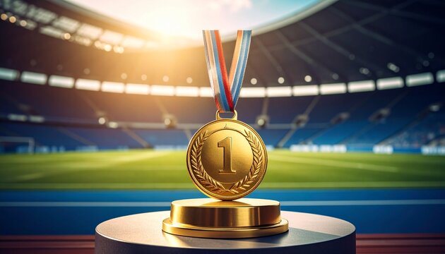 Gold medal with number one and laurel wreath on podium in sunlit stadium