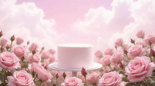 whimsical cake podium amidst pink rose garden | wedding, valentine, anniversary, birthday, event theme