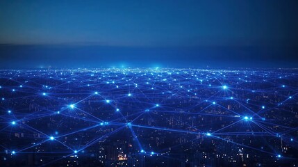 Cityscape at night with digital network overlay