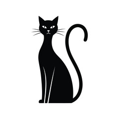 Elegant black cat silhouette sitting gracefully mystical eyes curled tail minimalist illustration vector