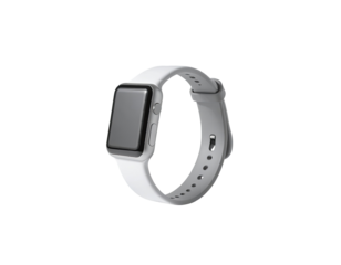 A light gray rectangular smart watch with a silicone band