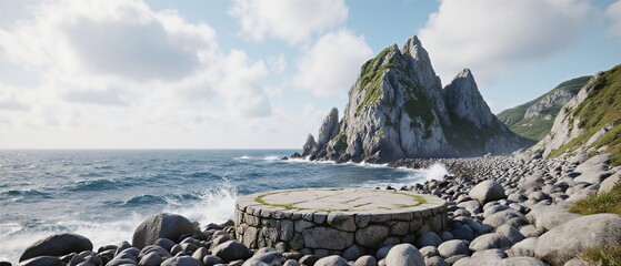 beach podium display stone platform ocean waves nature | marketing, cosmetics, presentation, photography, landscape theme