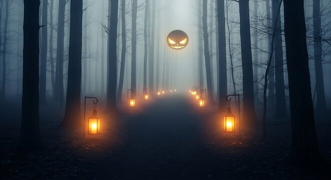 A spooky, lantern-lit path through a dark, foggy forest with a glowing, angry orb floating in the air, creating a mysterious and eerie atmosphere.