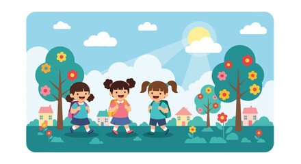 Adobe illustrator artwork vector illustration: Three happy elementary school girls with backpacks walk to school through a bright, sunny neighborhood with colorful houses and flowering trees
