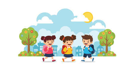 Obraz premium Adobe illustrator artwork vector illustration: Three happy elementary school girls and boy with backpacks walk to school through a bright, sunny neighborhood with colorful houses and flowering trees