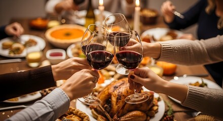 Family and friends toasting with wine glasses around a festive holiday dinner table