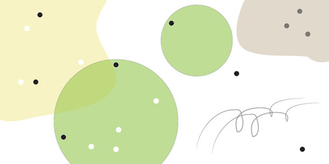Abstract Composition of Green Circles Dots and Scribbles on White Background.