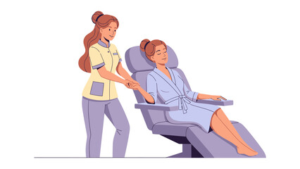Caring nurse assisting a patient seated in a comfortable reclining medical examination chair in a bright clean room