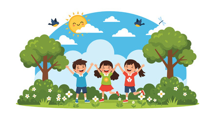 Obraz premium Adobe illustrator artwork vector illustration: Three joyful children with raised arms play happily outdoors in a vibrant park setting under a sunny sky with birds and a dragonfly 