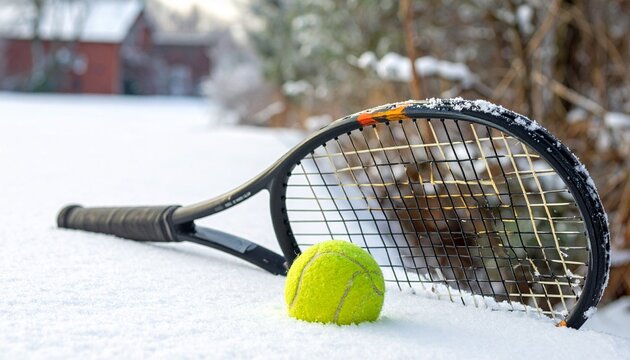 Tennis racket and ball on snow with forest background in winter setting