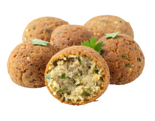 Fried chickpea balls, some halved, showing interior, topped with fresh herbs