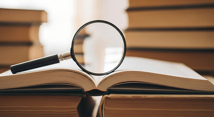 Open book with magnifying glass for research and study, focus on text and details