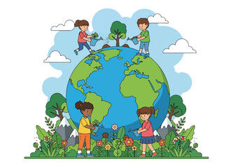 Obraz premium Adobe illustrator artwork vector illustration: Cheerful children and a dog plant trees around a large Earth globe, promoting environmental conservation with shovels and a watering can
