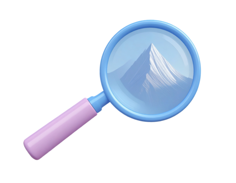 Light-blue magnifying glass with a light-purple handle.  A mountain peak image is reflected in the lens.  3D style