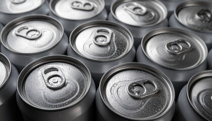 High-resolution background of aluminum soda cans from above, tight repeating pattern with authentic water droplet detail.
