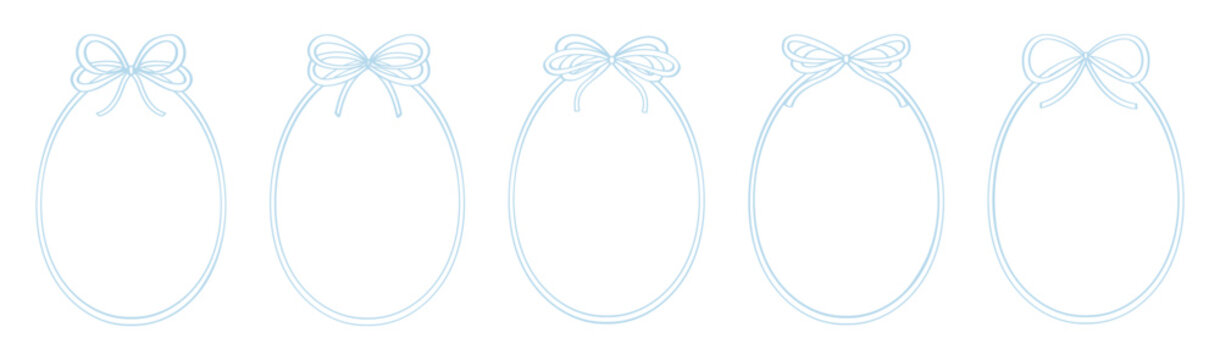 Egg-shaped frames with decorative bow at the top. Easter egg shape coquette bow border. Set of ribbon frame