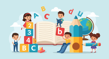 Adobe illustrator artwork vector illustration: Happy children interact with oversized school supplies like books, pencils, number and alphabet blocks, and a globe, promoting early education