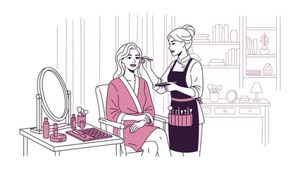 A professional makeup artist carefully applies cosmetics to a client sitting in a chair wearing a pink robe in a well lit beauty salon setting