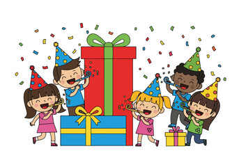 Adobe illustrator artwork vector illustration: Diverse group of happy children in party hats blow noisemakers amidst falling confetti and colorful gift boxes, celebrating a festive occasion