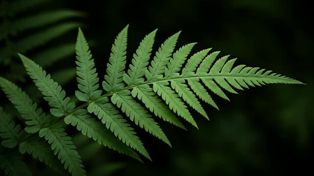 Macro photograph of a single fresh green fern leaf with intricate patterns, isolated against a dark blurred forest background.