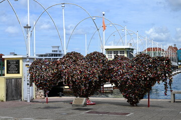 Curacao, Willemstad - aerial view over the hearts made of padlocks at the Queen Emma Pontoon Bridge