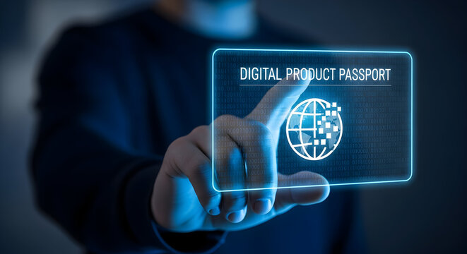 A finger points to a digital product passport on a futuristic screen, showcasing innovative technology for supply chain transparency and traceability.
