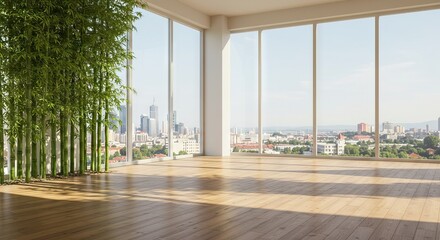Fototapeta premium An empty room with bamboo by large windows overlooking a city The floor is hardwood