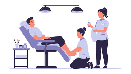 Man receiving professional pedicure treatment from two attentive female technicians in a modern salon setting with specialized equipment and lighting