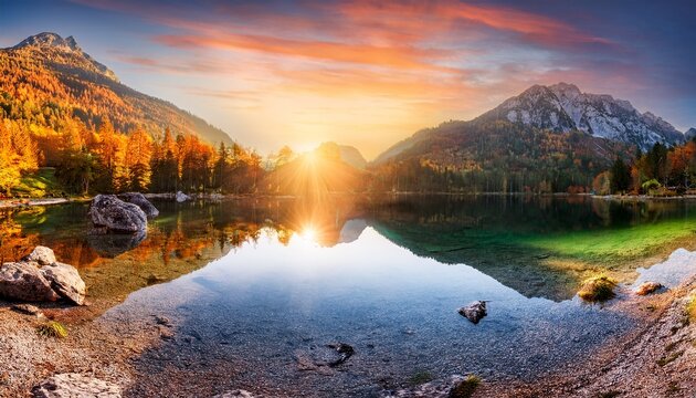 fantastic autumn sunset of hintersee lake