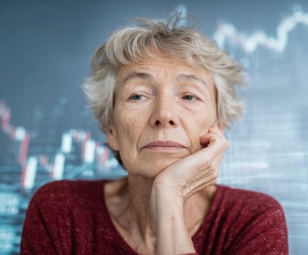 Close-up portrait of a pensive senior woman, her head resting on her hand, against a backdrop of market trends.