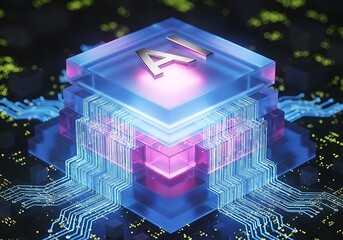 Abstract ai processor chip with glowing blue and pink lights