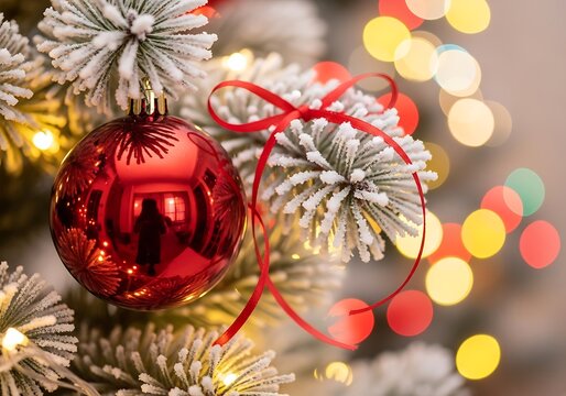 Red bauble with ribbon on a frosted christmas tree