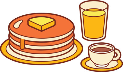 Pancake Breakfast Scene on Table Setting. Morning Pancake Breakfast with Coffee and Fruits. Delicious Pancake Stack with Maple Syrup Scene. Pancake Breakfast with Fresh Berries and Juice