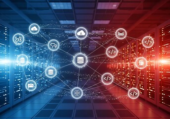 Abstract network of glowing icons in a server room