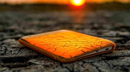Smartphone resting on arid land at sunset, creating a sense of warmth and technology juxtaposition