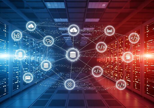 Abstract network of glowing icons in a server room
