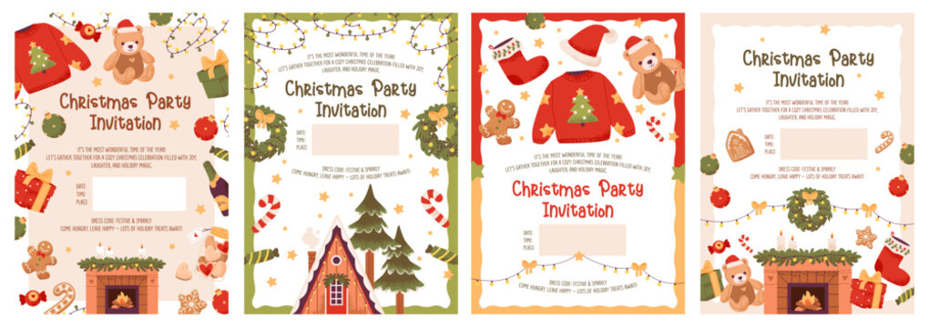 Christmas invitations design with gifts, gingerbread, and party xmas decor. Cozy festive postcards with Christmas tree, Santa hat, garland. Flat vector illustration holiday greeting cards. - Powered by Adobe