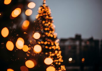 Blurred christmas tree lights at dusk with bokeh effect
