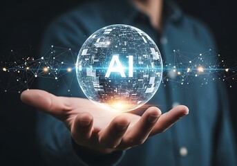 Hand holding a glowing sphere with ai and digital network