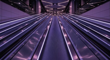 Futuristic purple escalator in modern interior with neon lights