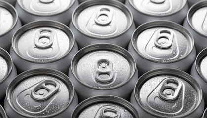 Symmetrical pattern of aluminum soda cans from above, metallic shine and refreshing water droplet texture.