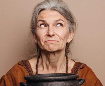 A contemplative senior woman with thoughtful expression holds a large dark pot, evoking a sense of ancient wisdom and quiet contemplation against a neutral backdrop.