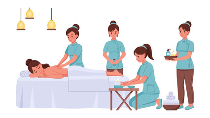 Diverse group of skilled female massage therapists providing various spa treatments and wellness services to clients in a serene and relaxing environment