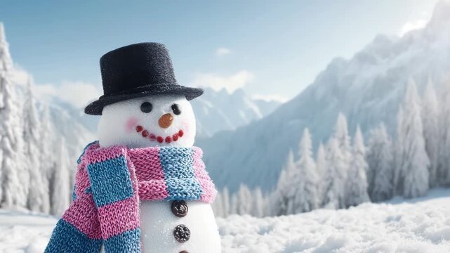 Cheerful Snowman with Scarf and Top Hat in Snowy Winter Wonderland