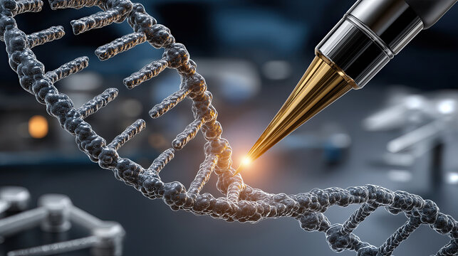 Close up view of DNA strand being touched by golden pen, symbolizing genetic research and innovation