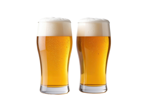 Two tall glasses of light beer, topped with frothy heads
