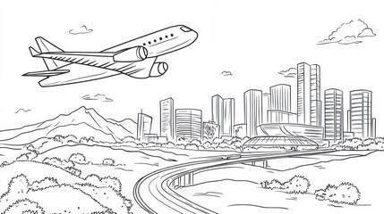 Obraz premium Airplane over cityscape drawing