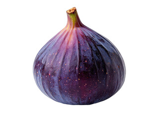 Close-up of a deep purple fig, smooth skin with subtle texture, small speckles, and a pointed top