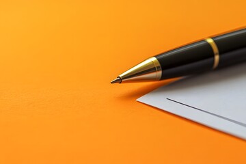 Elegant pen resting on paper with vibrant orange backdrop for creative ventures